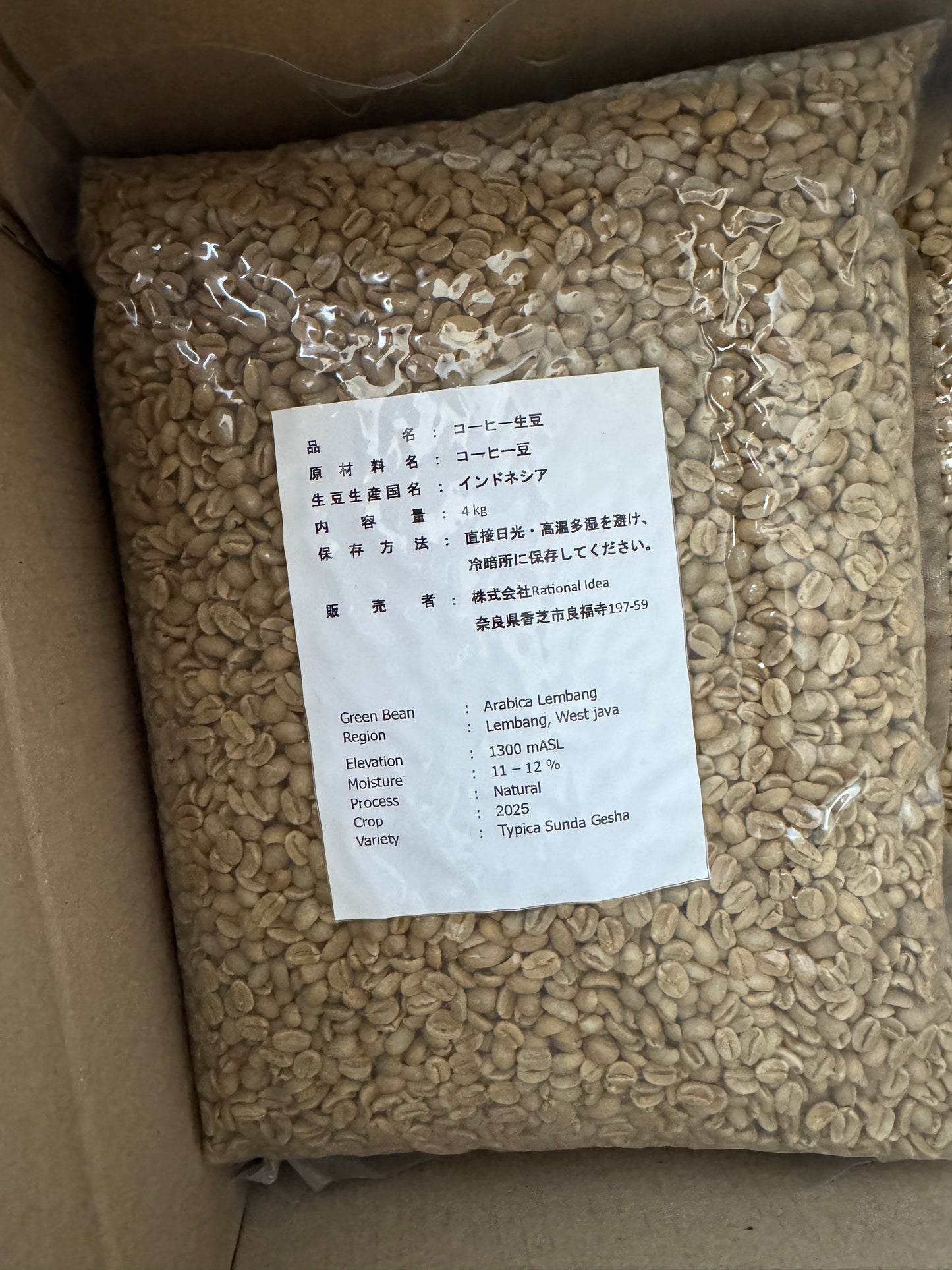 【NEW / 完売】コーヒー生豆 Lembang Rational Idea RI（Natural）4kg真空パック